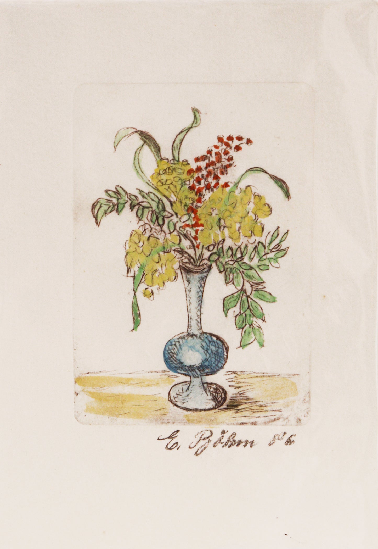 Radierung, signiert von E./C. Böhm 86,  – Radierung auf Büttenpapier mit Büttenrand, Stillleben mit Vase, Unten rund mit schmalem Hals, daraus ein großes Bouquet ragend mit Blättern und Blüten. Die Vase steht auf einem angedeuteten Grund. Unterhalb der Radierung Signatur und vermutlich Jahreszahl (86). Monotypie, da die Radierung um Farbe ergänzt wurde: blaue Vase, gelbe und  rote Blüten, grüne Blätter.  Erhältlich bei Galerie Waldbach - What The Artist Made