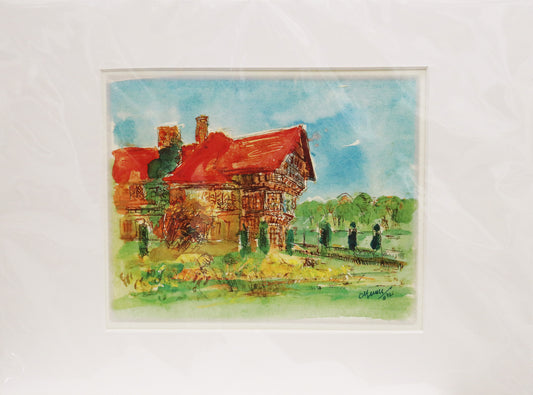 Radierung, signiert von Christian Heinze, Titel „Cecilienhof“ –  Farbiger Druck auf  hochwertigem Papier,  Blick auf  einen Teil des Schlosses Cecilienhof in Potsdam, Fachwerkarchitektur im Tudorstil.  Unten am rechten Bildrand Signatur. Erhältlich bei Galerie Waldbach - What The Artist Made