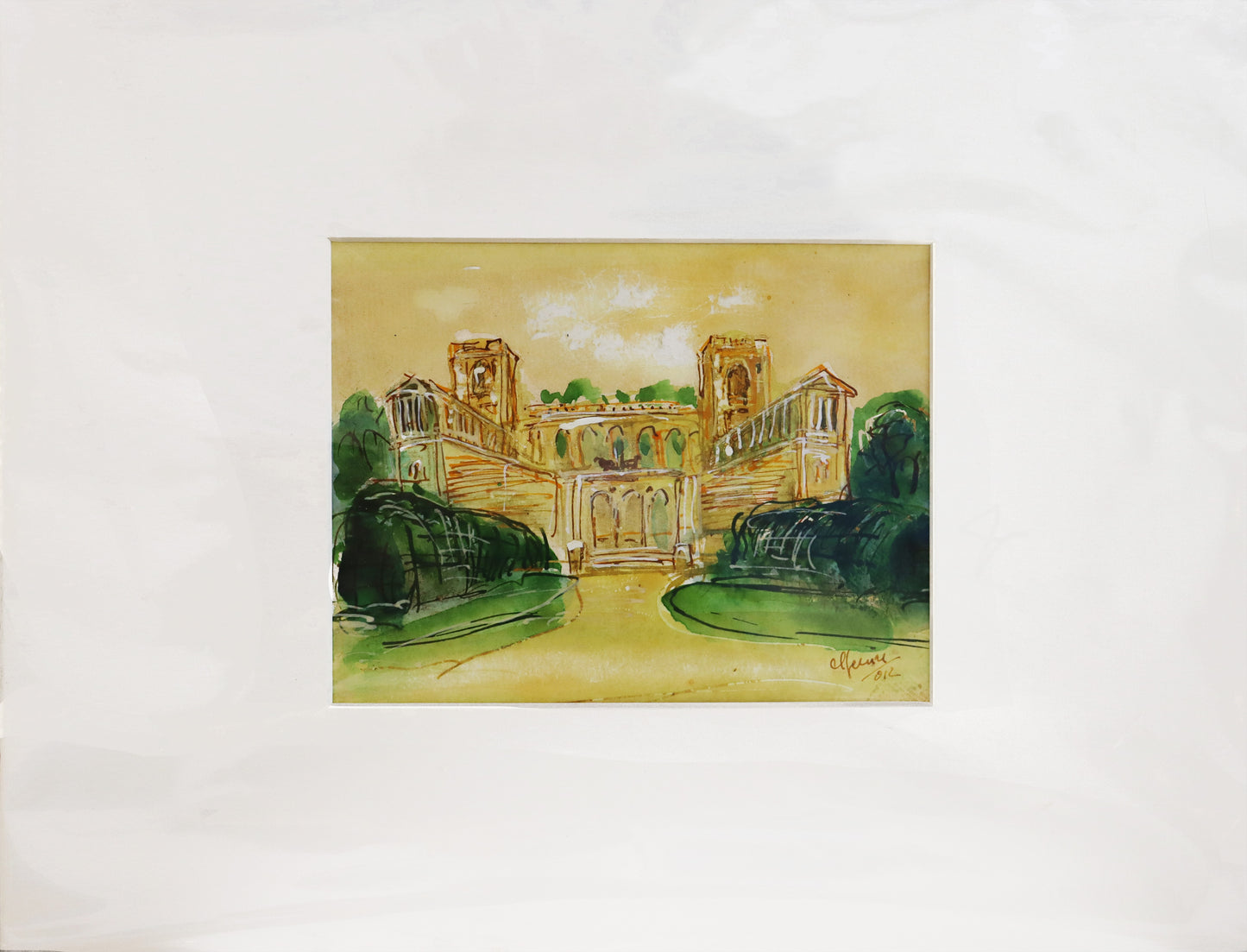 Original, signiert von Christian Heinze, Titel „Belvedere Pfingstberg“ –  im Passepartout, Blick zum Belvedere in Potsdam, historische Architektur. Unten rechts am Bildrand Signatur. In Grün- und Ockertönen - erhältlich bei Galerie Waldbach - What The Artist Made