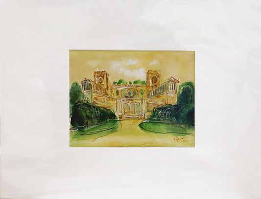 Original, signiert von Christian Heinze, Titel „Belvedere Pfingstberg“ –  im Passepartout, Blick zum Belvedere in Potsdam, historische Architektur. Unten rechts am Bildrand Signatur. In Grün- und Ockertönen - erhältlich bei Galerie Waldbach - What The Artist Made