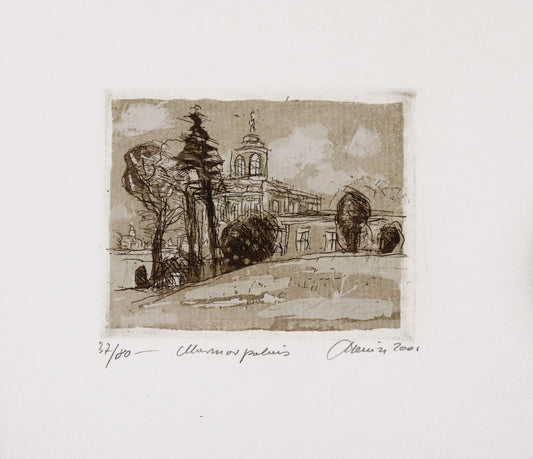 Radierung, signiert von Christian Heinze, Titel „Marmorpalais“ –  Farbige Radierung, Büttenpapier mit Büttenrand, Blick auf den Marmorpalais und  Parklandschaft. Unten am Bildrand der Bildtitel und Signatur. In Sepiatönen - erhältlich bei Galerie Waldbach - What The Artist Made