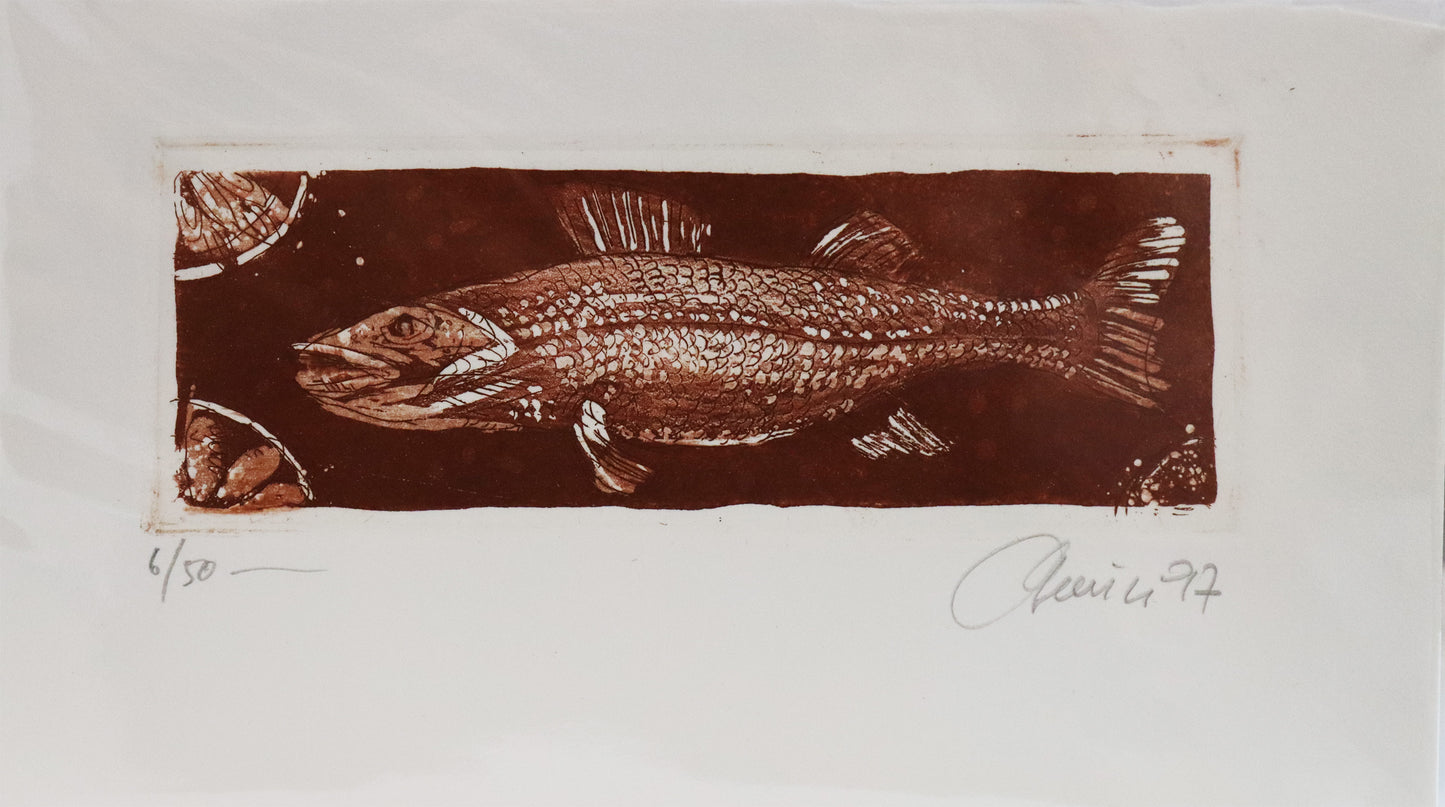 Radierung von Christian Heinze  auf Büttenpapier mit Büttenrand. Darstellung eines Fisches mit glänzenden Schuppen, in ockerrotem Ton. Erhältlich bei Galerie Waldbach - What The Artist Made