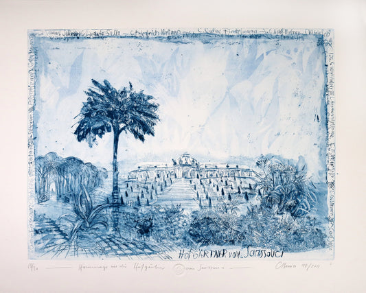 Radierung, signiert von Christian Heinze, Titel „Hommage an die Hofgärtner von Sanssouci“ – Farbige Radierung, Büttenpapier, Blick zum Schloss Sanssouci hinter Bäumen und Sträuchern, unten am Bildrand der Bildtitel, weitere Schriftelemente um den Bildrand. in  Blautönen, erhältlich bei What The Artist Made.