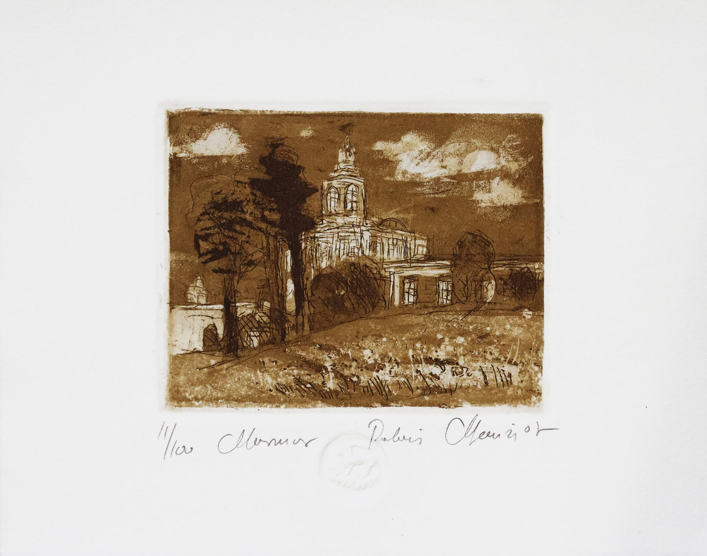 Radierung, signiert von Christian Heinze, Titel „Marmor Palais“ –  Farbige Radierung, Büttenpapier mit Büttenrand, Blick zum Marmorpalais mit Parklandschaft Neuer Garten im Vordergrund, Potsdamer historische Architektur. Unten am Bildrand der Bildtitel, Prägeemblem und Signatur. In Sepiatönen - erhältlich bei Galerie Waldbach - What The Artist Made