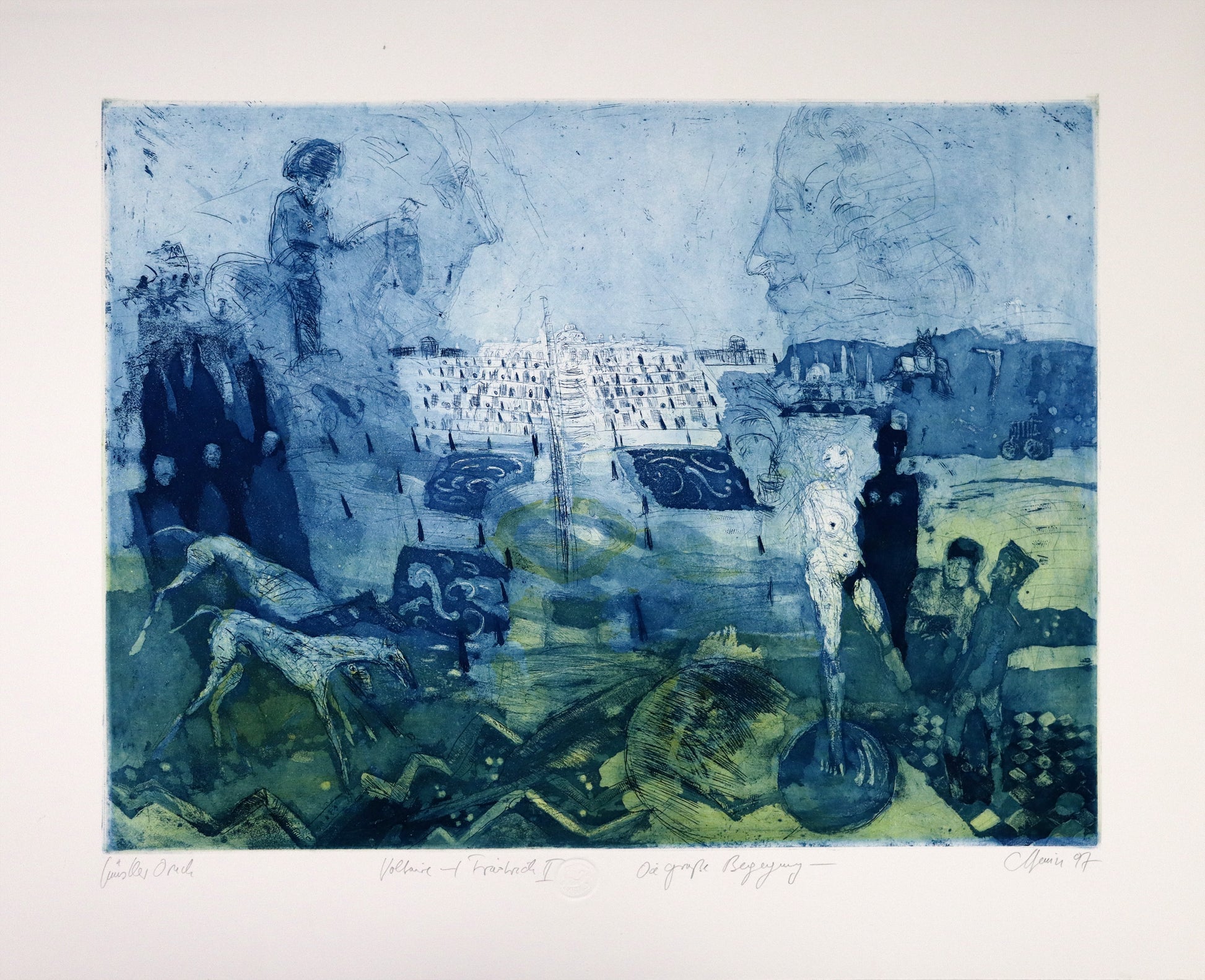 Radierung, signiert von Christian Heinze, Titel „Voltaire+Friedrich II - Die große Begegnung“ – Farbige Radierung, Büttenpapier mit Prägezeichen, Blick zum Schloss Sanssouci, davor Personengruppe, Frau unbekleidet, Hunde, hinter dem Schloss links Friedrich der Große, rechts Voltaire im Seitenportrait. Unten am Bildrand der Bildtitel und Signatur. In  Blau - und Grüngelbtönen, erhältlich bei What The Artist Made.