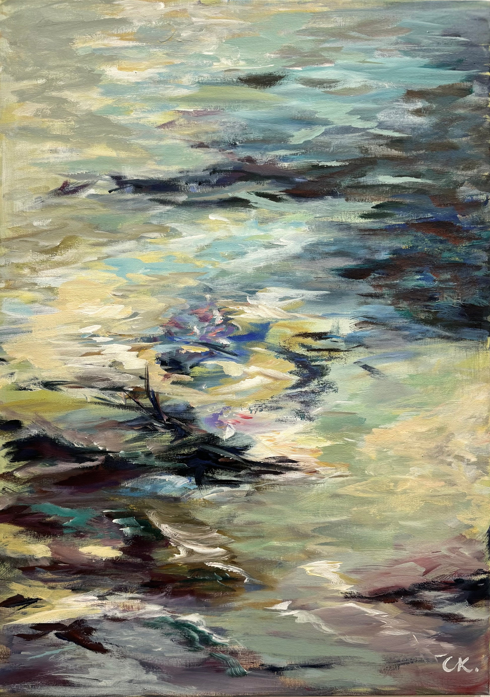 Original Acryl-Malerei, Gemälde von Corina Kroh, Titel „In Ewigkeit“ – impressionistisch, abstrakte Landschaft, Grün, Blau, Weiß, Acryl auf Leinwand, erhältlich bei What The Artist Made