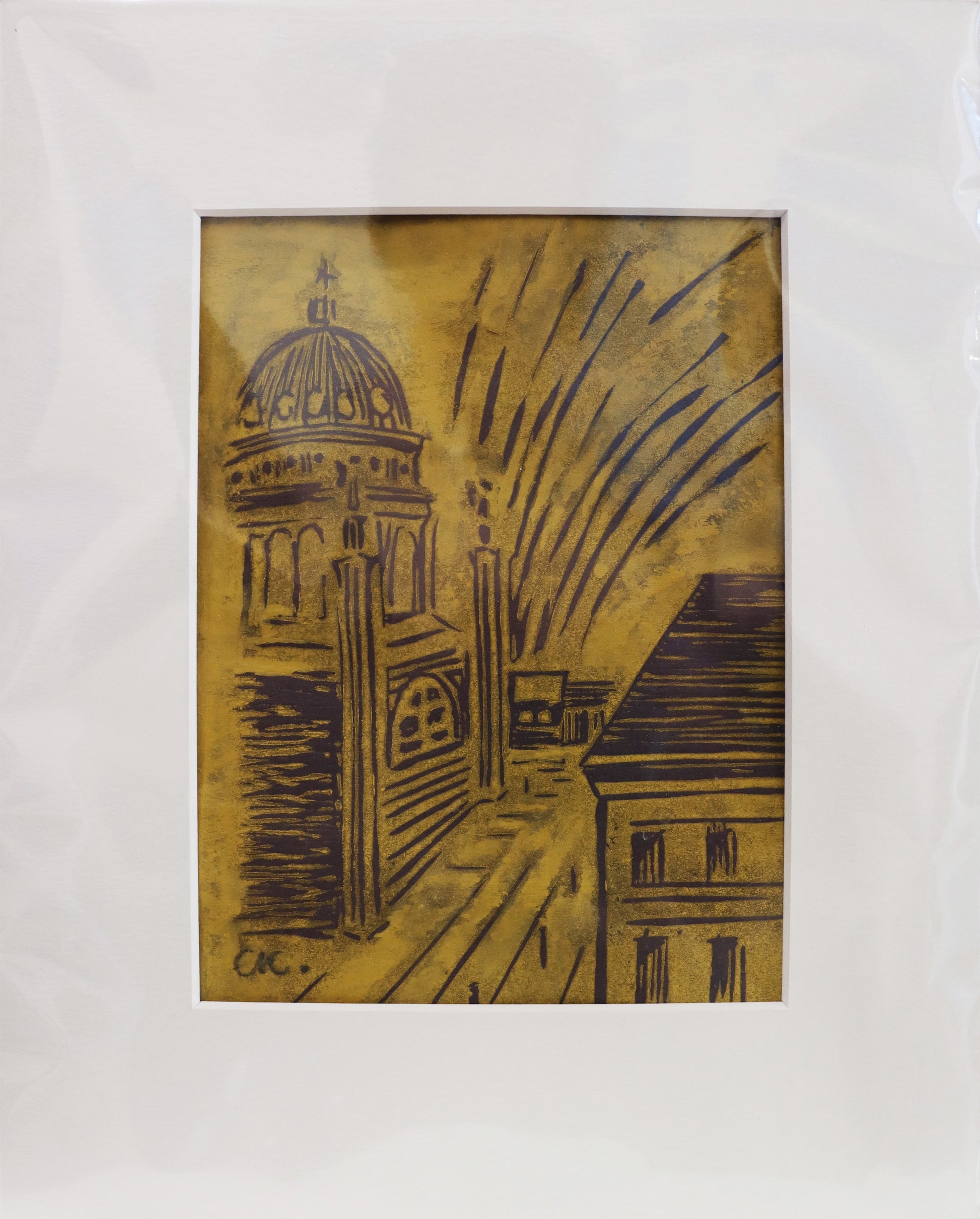 Original Linoldruck von Corina Kroh, Titel „Nikolaikirche  Potsdam" – Blick auf den Alten Markt mit der Nikolaikirche , gedruckt auf Papier. Gelber Druck auf dunklem Papier mit Passepartout, Signatur unten links- erhältlich bei Galerie Waldbach - What The Artist Made
