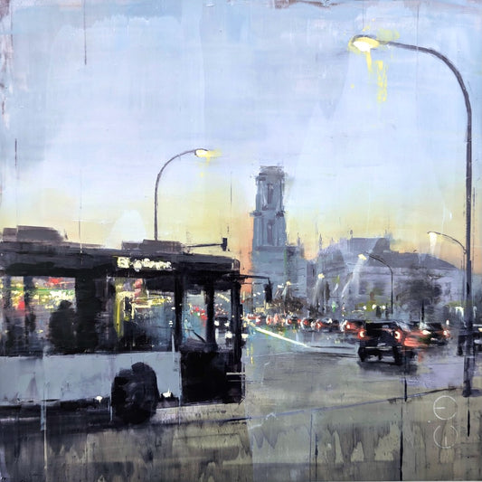 Original Öl-Malerei von Eduard Warketin, Titel "POTSDAM_26_01: Breite Straße". Impressive moderne Darstellung der Potsdamer Innenstadt. Blick vom Landtag zur Breiten Straße, Ein Bus fährt von links ins Bild, weitere Fahrzeuge schemenhaft im Hintergrund. Öl auf Dibond, erhältlich bei Galerie Waldbach - What The Artist Made