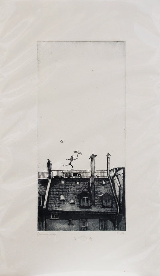Original Radierung von Frank Lindenberg, Titel: "Chimneysweep". Darstellung eines Schornsteinfegers, der mit einem (Sonnen)Schirm über ein Dach balanciert, darüber eine große Leerfläche des Himmels, Radierung auf Karton, erhältlich bei Galerie Waldbach - What The Artist Made