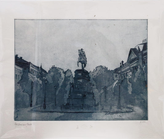 Original Radierung von Frank Lindenberg, Titel „Fridericus Rex“, Darstellung des Reiterstandbildes Friedrich des Großen am Forum Fridericianum im Berlin, Radierung auf Papier, mit Titel, Signatur und Abzugnummer, erhältlich bei Galerie Waldbach - What The Artist Made