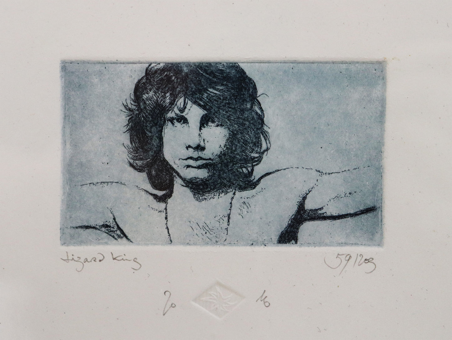 Original Radierung von Frank Lindenberg, Titel: "Lizard King". Porträt von Jim Morrison von The Doors, Radierung auf Karton, Detailansicht, erhältlich bei Galerie Waldbach - What The Artist Made