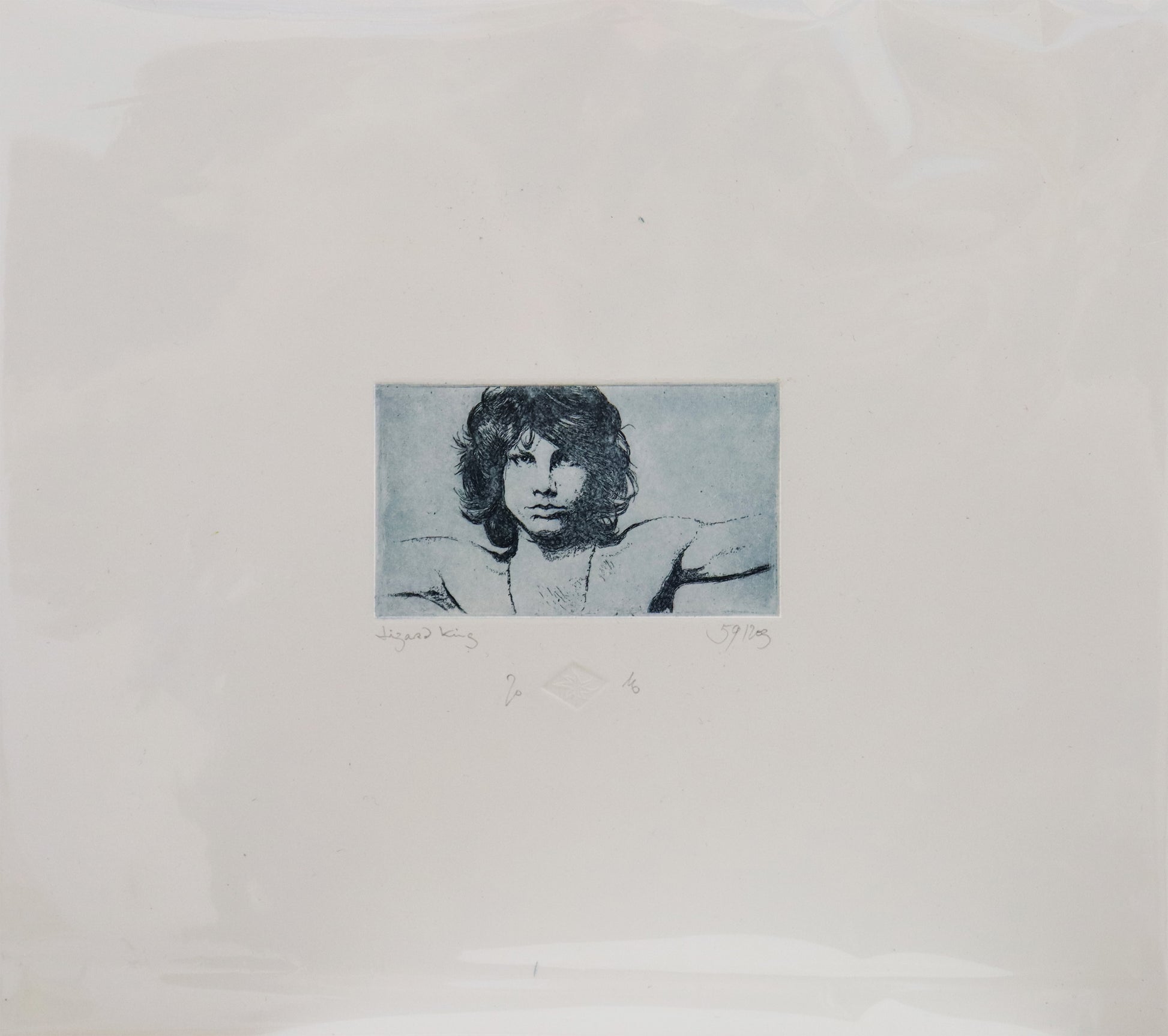 Original Radierung von Frank Lindenberg, Titel: "Lizard King". Porträt von Jim Morrison von The Doors, Radierung auf Karton, erhältlich bei Galerie Waldbach - What The Artist Made