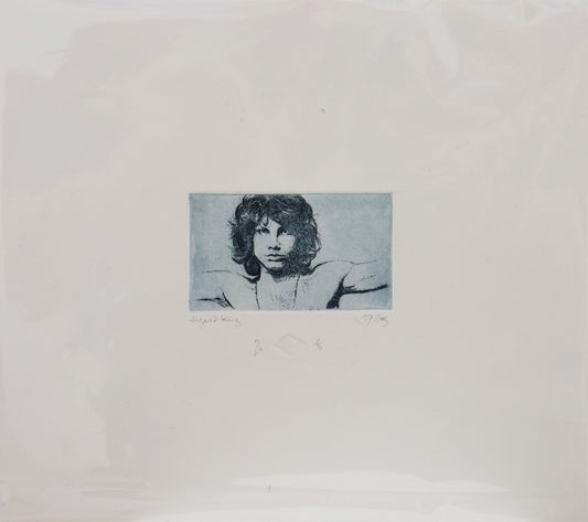 Original Radierung von Frank Lindenberg, Titel: "Lizard King". Porträt von Jim Morrison von The Doors, Radierung auf Karton, erhältlich bei Galerie Waldbach - What The Artist Made