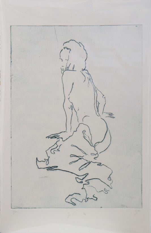Original Radierung von Frank Lindenberg, Titel: "Nixe". Motiv eines weiblichen Aktes, den Rücken zum Betrachter gewandt, über die Schulter schauend,  Stoff unterhalb des Gesäßes bis zu den Füßen, erhältlich bei Galerie Waldbach - What The Artist Made