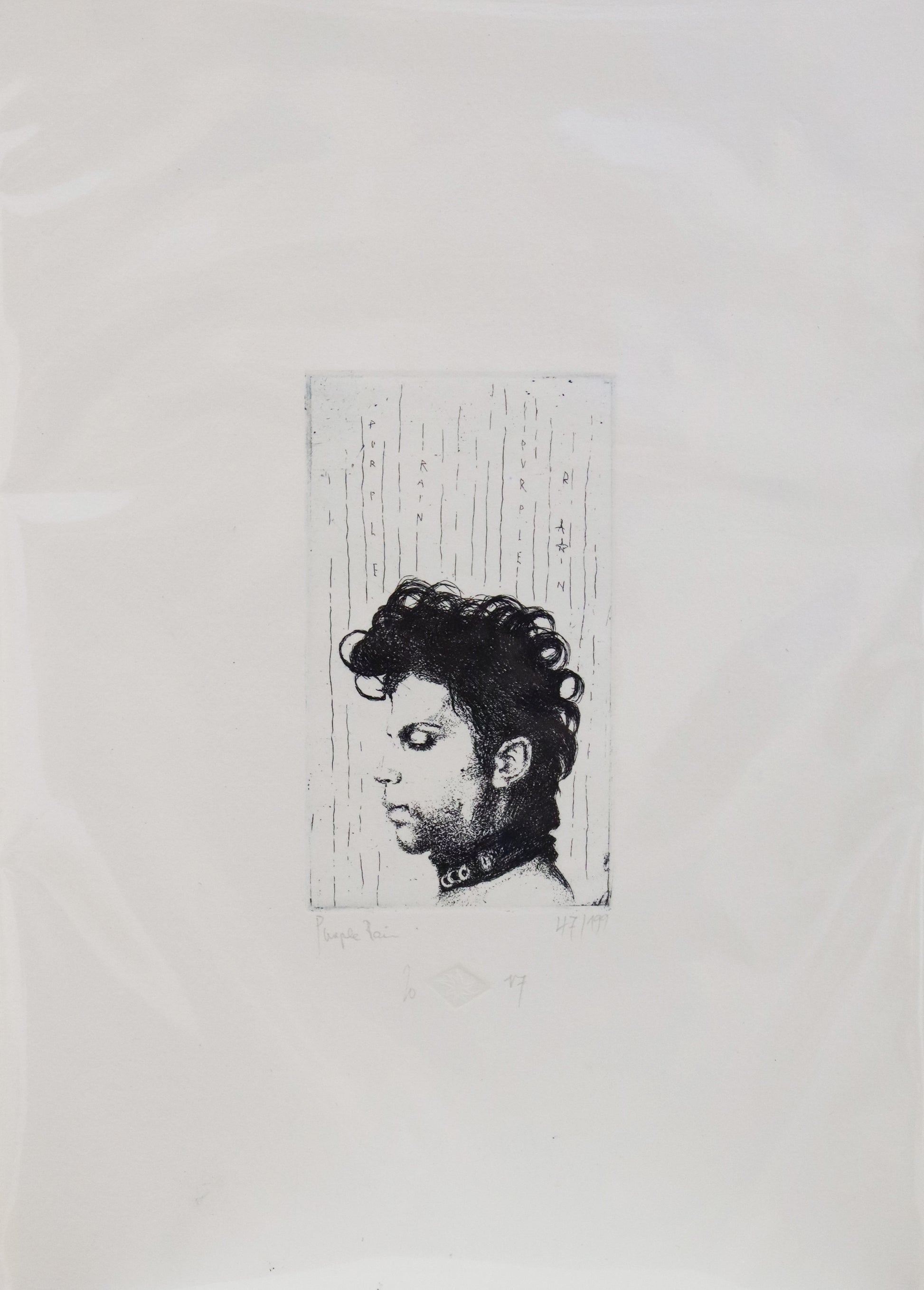 Original Radierung von Frank Lindenberg, Titel: "Purple Rain".  Porträt in Profil/Seitenansicht von  Prince,  Radierung auf Karton, erhältlich bei Galerie Waldbach - What The Artist Made