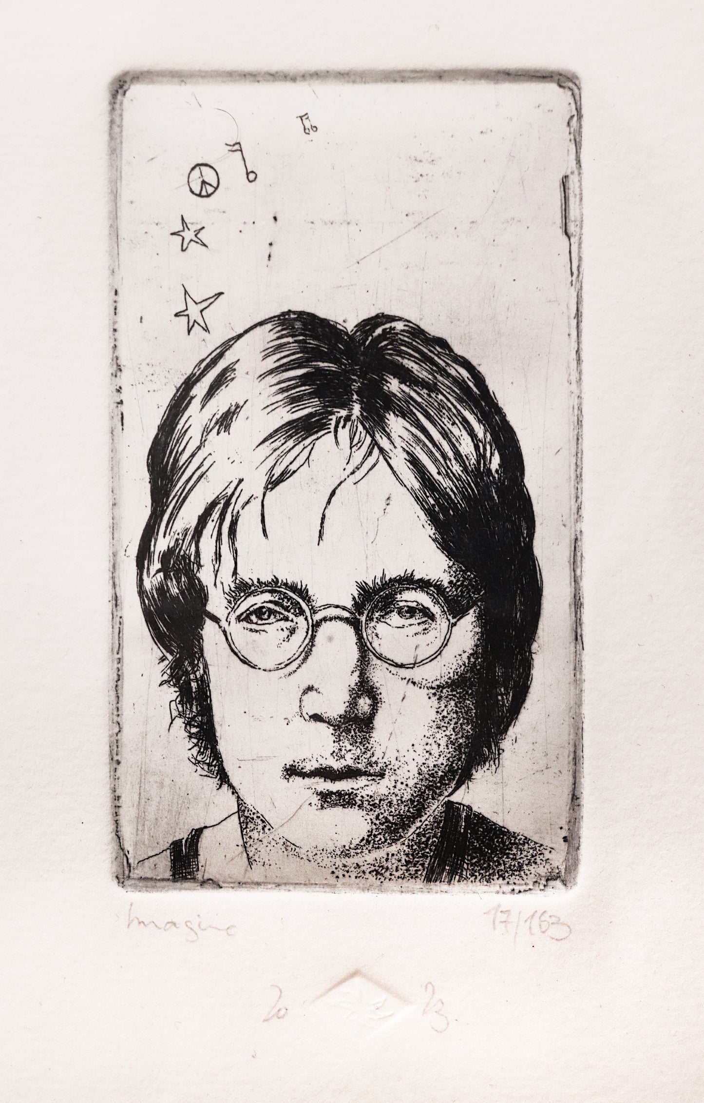 Original Radierung von Frank Lindenberg, Titel: "imagine". Porträt von John Lennon, Detailaufnahme, erhältlich bei Galerie Waldbach - What The Artist Made
