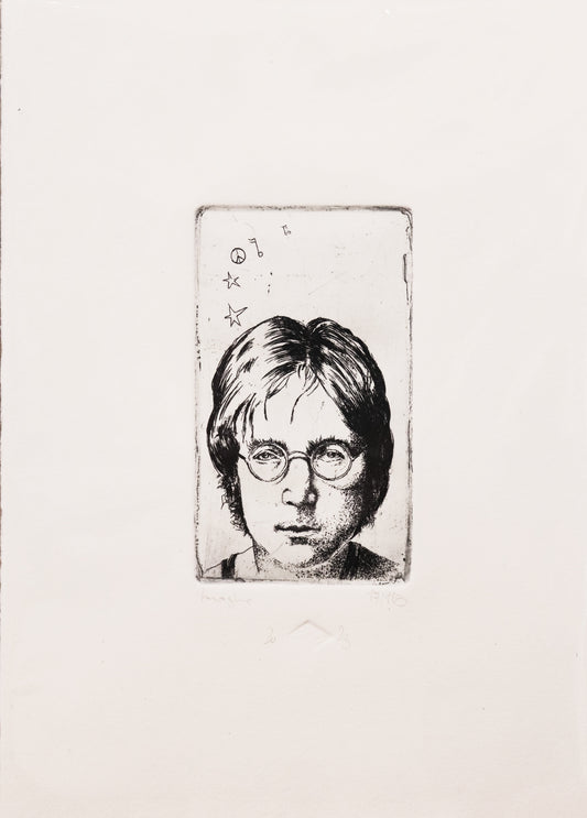 Original Radierung von Frank Lindenberg, Titel: "imagine". Porträt von John Lennon, über seinem Kopf Musiknoten, Sterne und das Peace-Zeichen schwebend, auf linker Seite.  Radierung auf Karton in schwarz, erhältlich bei Galerie Waldbach - What The Artist Made