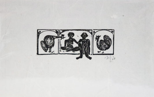 Radierung von Gottfried Höfer, Titel "Hühner" auf Büttenpapier mit Büttenrand. Darstellung von zwei nackten Personen, sitzend. Links und rechts von ihnen jeweils ein Huhn. Schwarz auf weißem Papiergrund. Unterhalb der Radierung Signatur und Jahreszahl 70. Erhältlich bei Galerie Waldbach - What The Artist Made