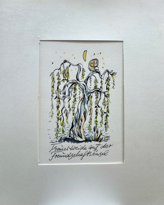 Original Aquarell Malerei - Gemälde Illustration von Heike Isenman, Titel „Trauerweide auf der Freundschaftsinsel“. Eule den Sichelmond im Nachthimmel anschauend, sitzend auf einer Weide. Im Hintergrund Wasser angedeutet. Potsdam Parklandschaft, Architektur. Titel des Bildes unten am Bildrand mit Kalligrafie integriert - Aquarell auf Papier mit Passepartout, erhältlich bei What The Artist made