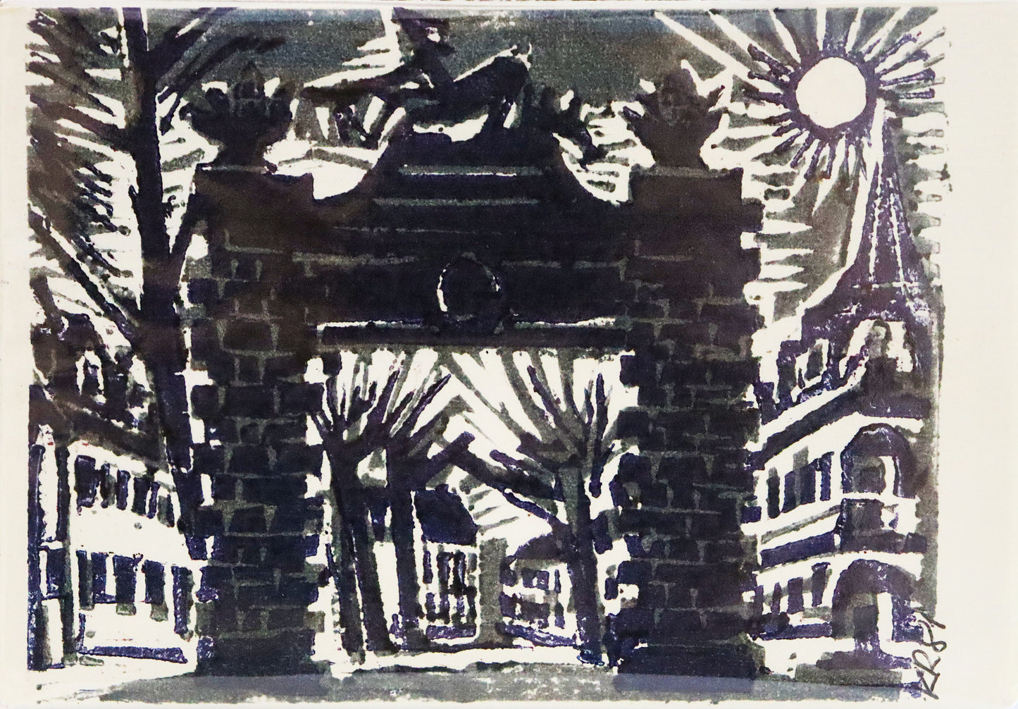Linoldruck von Karl Raebuh, Titel „Jägertor“, signiert, 1981. In schwarz/blau gehaltener Linoldruck mit Sicht auf das Jägertor, Details  und Flächen in Weiß des Papiers. Signatur und Jahreszahl unten rechts am Rand. Erhältlich bei Galerie Waldbach - What The Artist Made