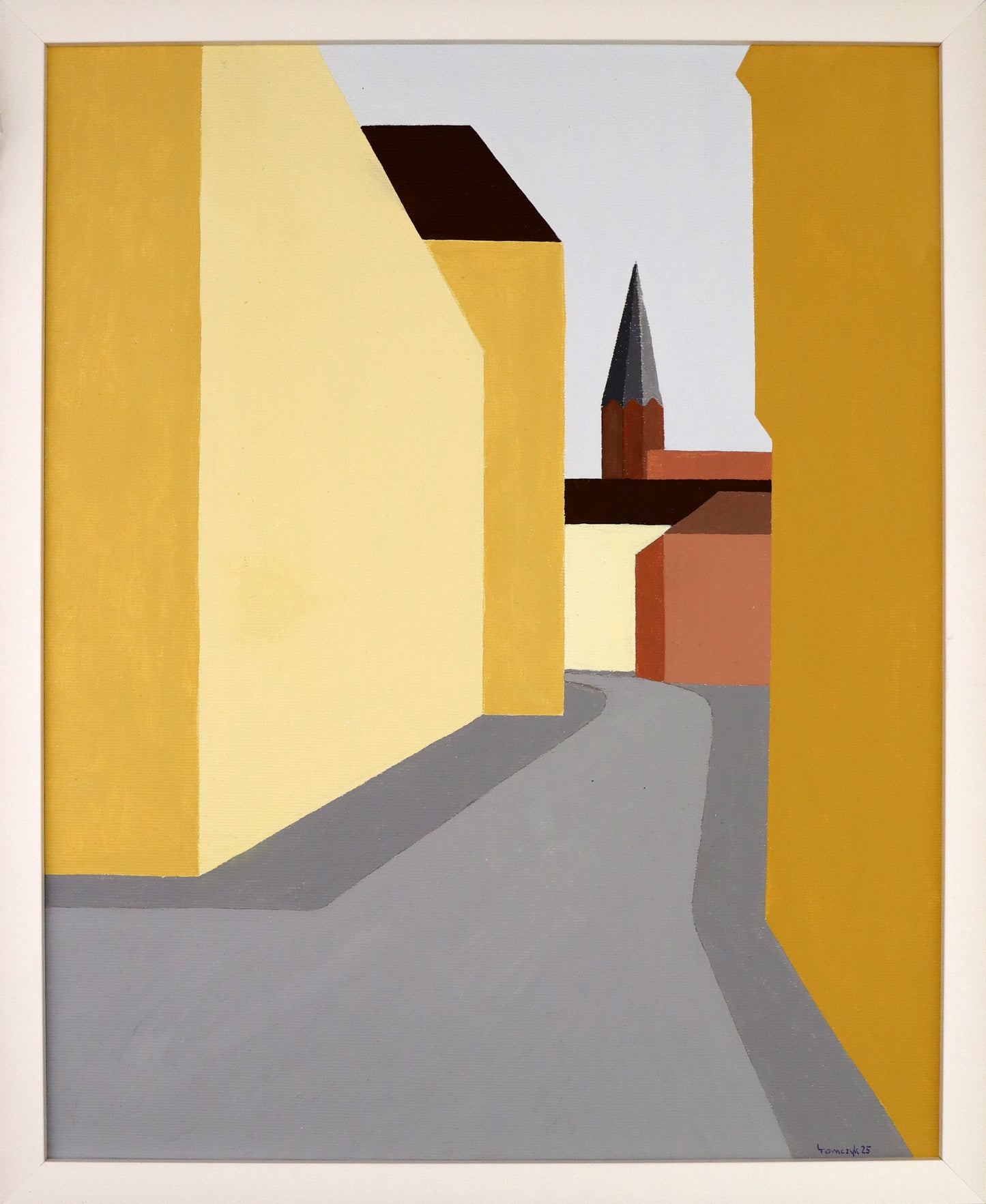Original Acryl-Malerei, Gemälde von Dr. Leonhard Tomczyk, Titel „Aschaffenburg“ –  reduziert formale kubistische Ansicht einer Straße in Aschaffenburg, Blick zum Kirchturm, Acryl auf Leinwand, erhältlich bei What The Artist Made
