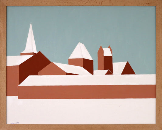 Original Acryl-Malerei, Gemälde von Dr. Leonhard Tomczyk, Titel „Schloss Liebenberg“ –  reduziert formale, kubistische Ansicht des Schlosses, winterliche Farben, Acryl auf Leinwand, erhältlich bei What The Artist Made