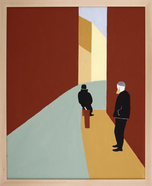 Original Acryl-Malerei, Gemälde von Dr. Leonhard Tomczyk, Titel „Venedig“ –  reduziert formale Ansicht eines Kanals in Venedig mit Personen, Acryl auf Leinwand, erhältlich bei What The Artist Made
