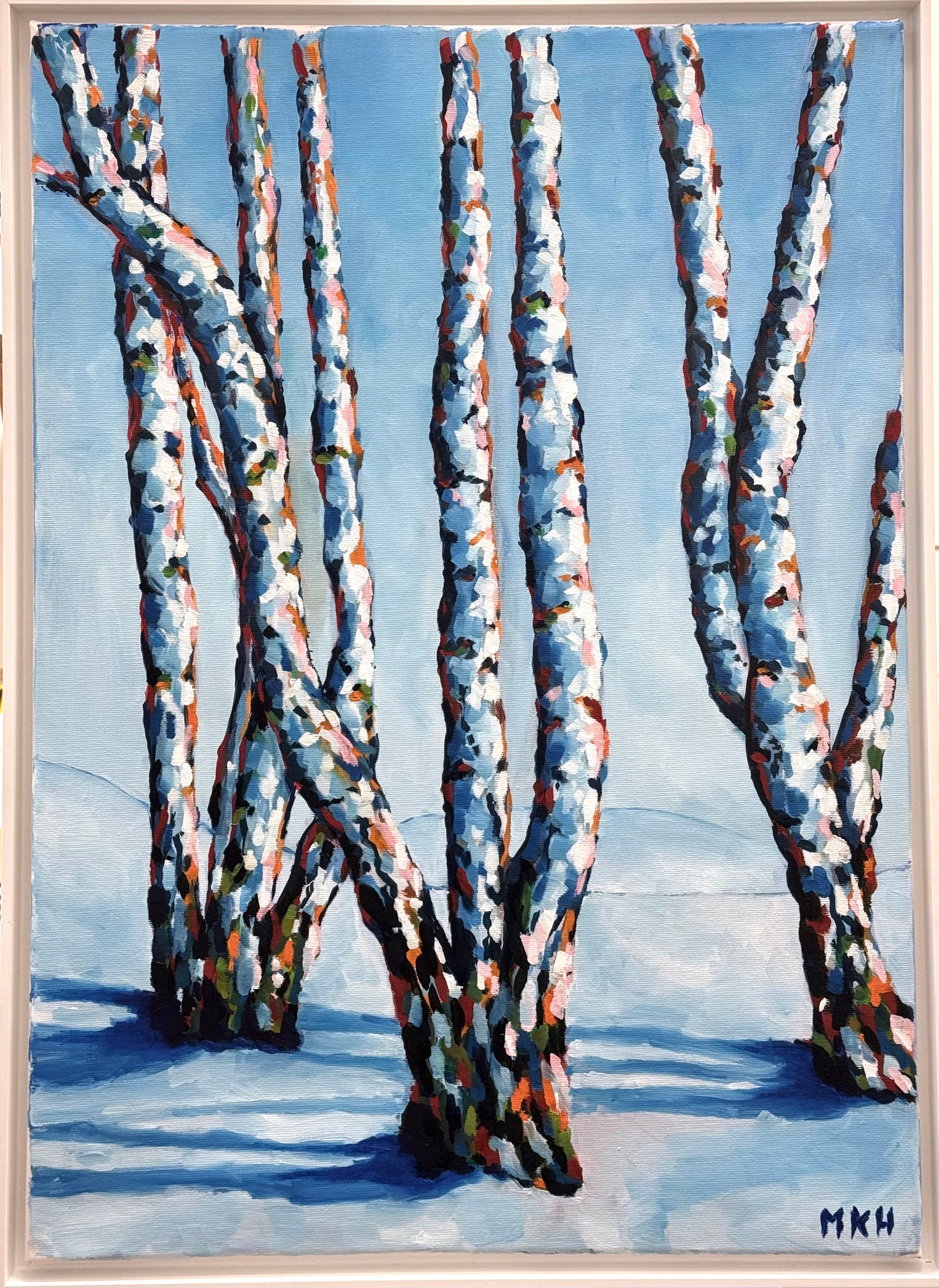 Original Öl-Malerei, Gemälde von Matthias Inselsberger, Titel „Birkenballett“ – impressionistische Malerei, Schneelandschaft, mit Bäumen in Weiß und Blautönen, Öl auf Leinwand, erhältlich bei What The Artist Made
