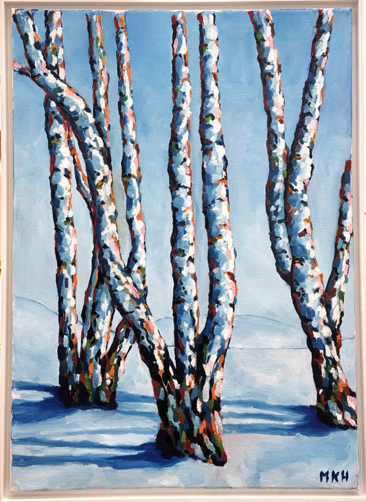 Original Öl-Malerei, Gemälde von Matthias Inselsberger, Titel „Birkenballett“ – impressionistische Malerei, Schneelandschaft, mit Bäumen in Weiß und Blautönen, Öl auf Leinwand, erhältlich bei What The Artist Made