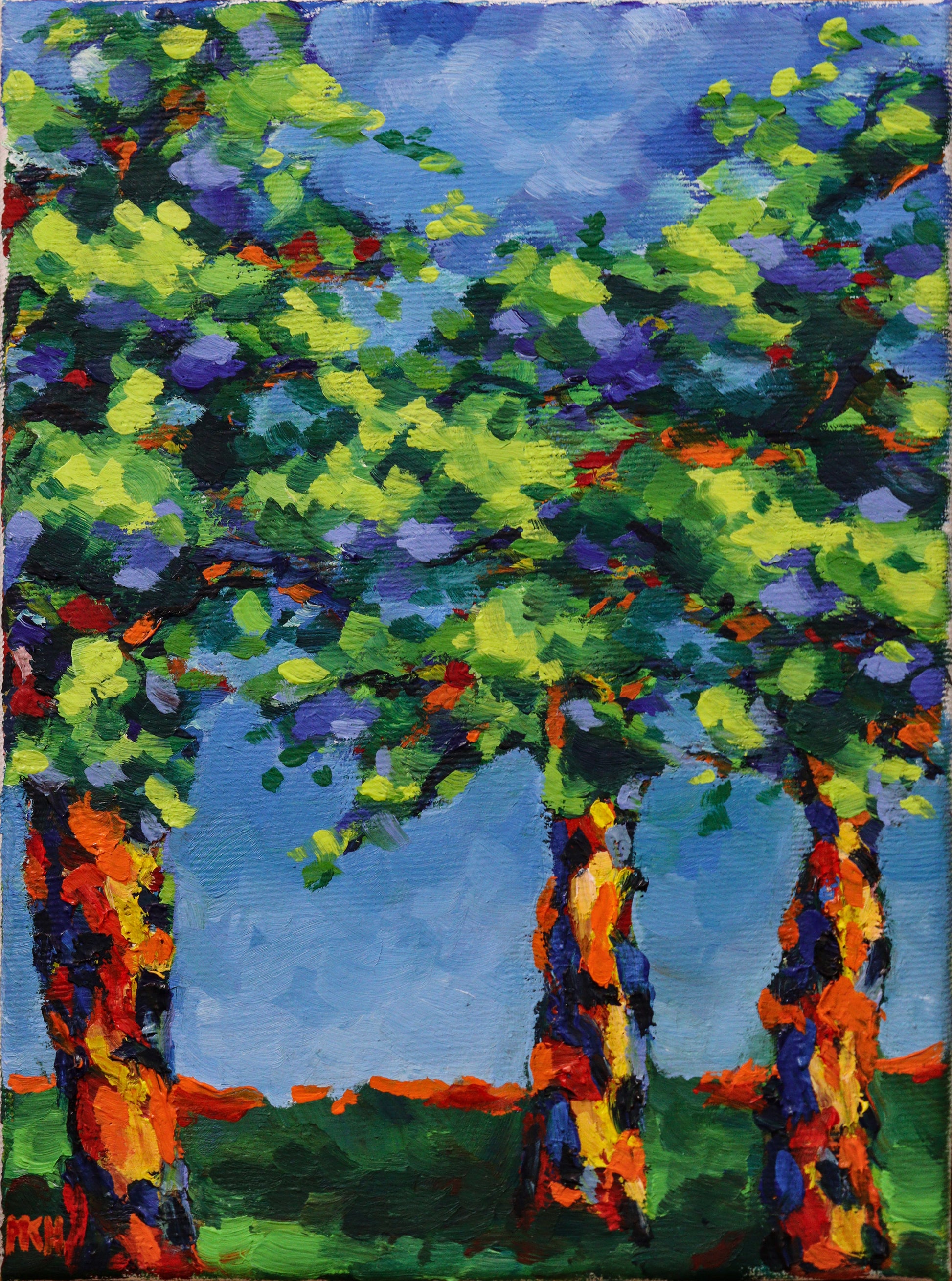 Original Öl-Malerei von Matthias Inselsberger, Titel "Frühling" . Impressionistische Darstellung von drei Bäumen, mit grüner Blätterkrone. In Blau, Cyan, Rot, Orange, impressionistische bis pointilistische Malweise. Landschaft durch Wiese angedeutet.  Öl auf Leinwand, erhältlich bei Galerie Waldbach - What The Artist Made