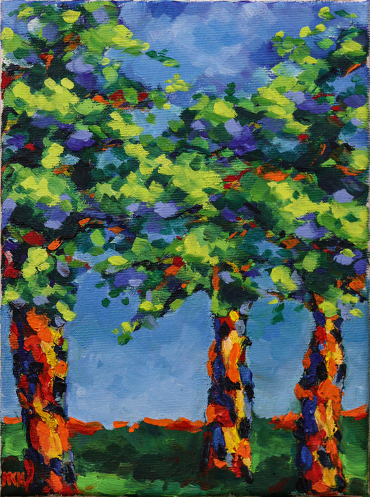 Original Öl-Malerei von Matthias Inselsberger, Titel "Frühling" . Impressionistische Darstellung von drei Bäumen, mit grüner Blätterkrone. In Blau, Cyan, Rot, Orange, impressionistische bis pointilistische Malweise. Landschaft durch Wiese angedeutet.  Öl auf Leinwand, erhältlich bei Galerie Waldbach - What The Artist Made