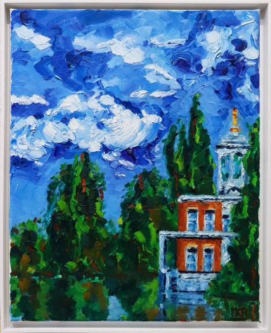 Original Öl-Malerei von Matthias Inselsberger, Titel "Marmorpalais VII" . Impressionistische Parklandschaft mit Blick auf einen Teil des Marmorpalais im Neuen Garten in Potsdam, mit Sicht auf die Kuppel. Spiegelungen der Szenerie auf dem Wasser, im Vordergrund.  Öl auf Leinwand, erhältlich bei Galerie Waldbach - What The Artist Made