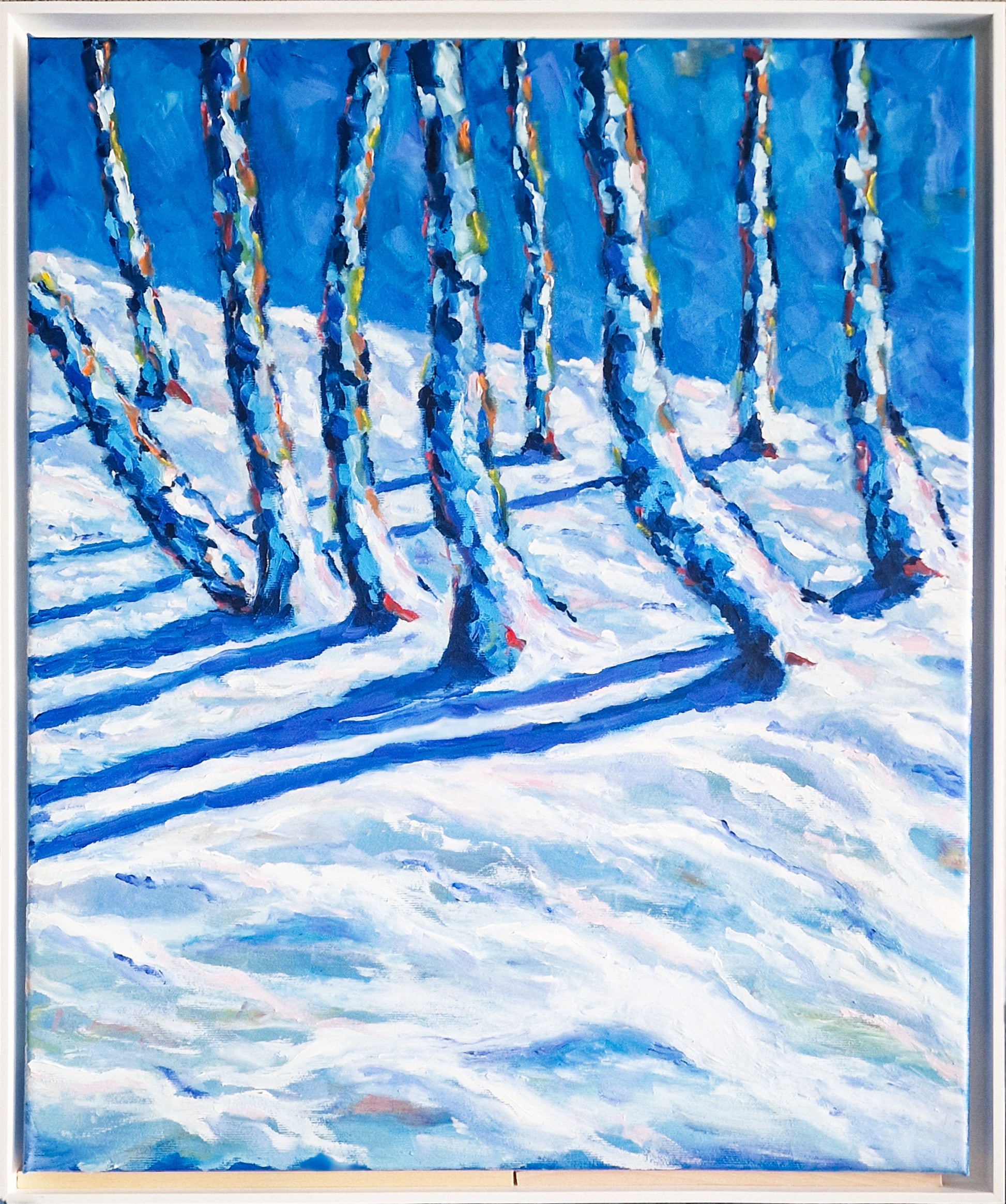 Original Öl-Malerei von Matthias Inselsberger, Titel "Winter 25/26" . Impressionistische Darstellung von Birkenstämmen in der oberen Bildhälfte. Schnee in der unteren Bildhälfte, die  Schatten der Stämme fallen nach links weg. In Blau und weiß, mit roten, grünen und orangenen Flecken an den Stämmen. Öl auf Leinwand, erhältlich bei Galerie Waldbach - What The Artist Made