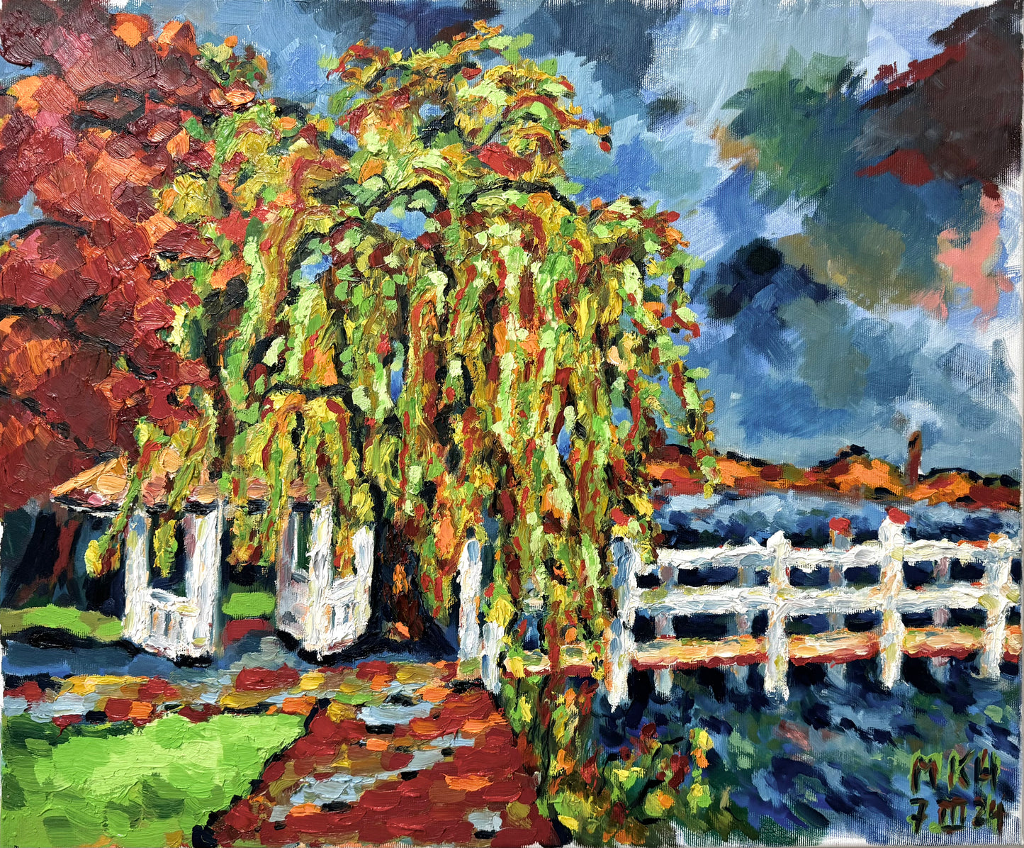 Original Öl-Malerei, Gemälde von Matthias Inselsberger, Titel „Garten Villa Liebermann“ – impressionistische Malerei, Garten Landschaft  mit Weide, Pavillon, Ufer Steg - Öl auf Leinwand, erhältlich bei What The Artist Made