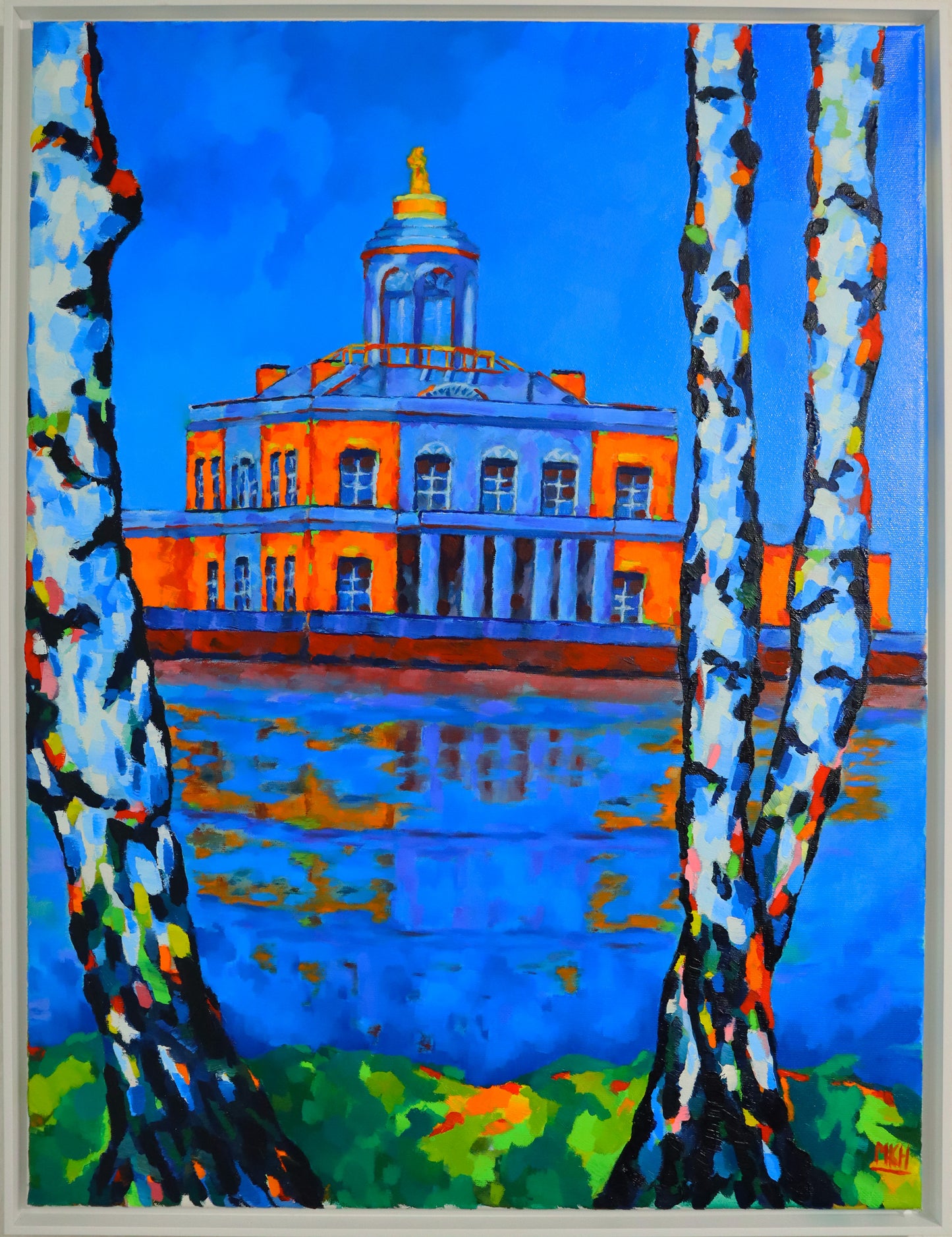 Original Öl-Malerei von Matthias Inselsberger, Titel „Marmorpalais“  – impressionistische Malerei, Blick auf den Marmorpalais über den Neuen See hinweg, 3 Birken rahmen den Blick ein, Schwerpunkt blau und orange, Öl auf Leinwand, erhältlich bei Galerie Waldbach - What The Artist Made