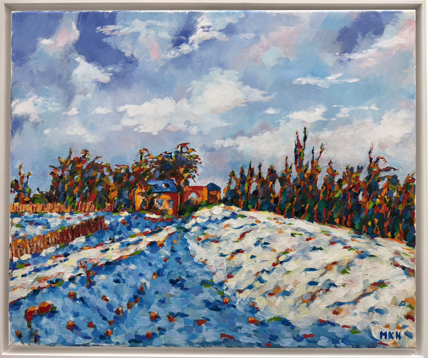 Original Öl-Malerei, Gemälde von Matthias Inselsberger, Titel „nach Sisley“ – impressionistische Malerei, Schneelandschaft mit Häusern und Bäumen - Öl auf Leinwand, erhältlich bei What The Artist Made