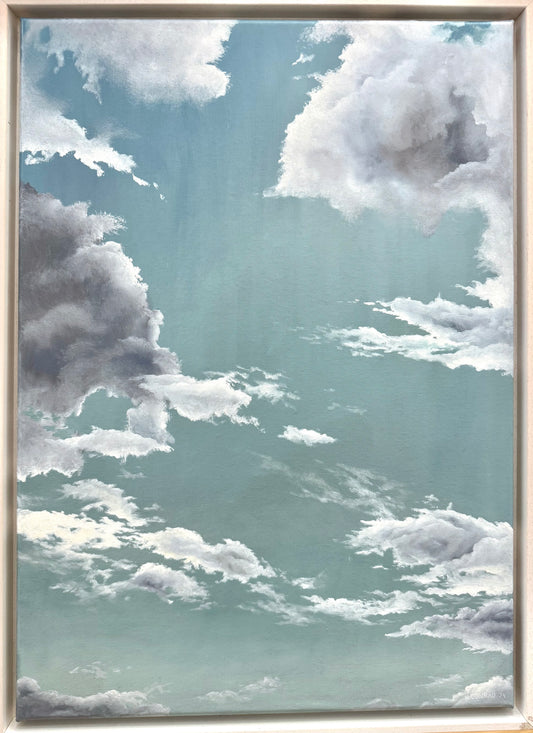 Original Öl-Malerei, Gemälde von Nadine Conrad, Titel „cloudy 2“, 2024 – Wolken-Malerei in Blau-Grün- und Grautönen, Öl auf Leinwand, erhältlich bei What The Artist Made