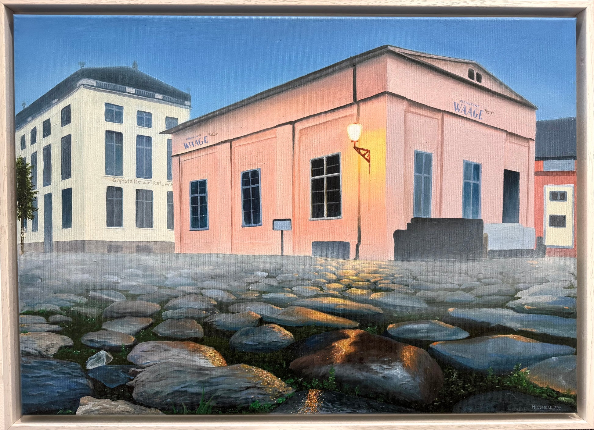 Original Öl-Malerei, Gemälde von Nadine Conrad, Titel „Neuer Markt“ – realistische Malerei, Stadtansicht von Potsdam Neuer Markt, Pflastersteine, Sicht auf die Ratswaage, Öl auf Leinwand, erhältlich bei What The Artist Made