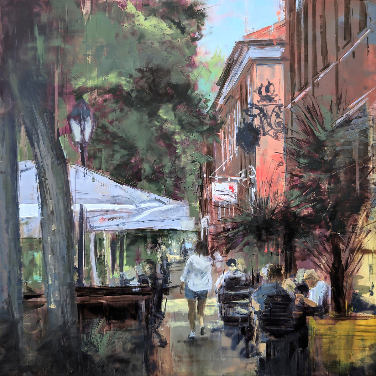Original Öl-Malerei von Eduard Warketin, Titel "POTSDAM_26_04". Impressive urbane Darstellung des Hölländischen Viertels in Potsdam. Sommerlich, Grün und warm. Öl auf Dibond, erhältlich bei Galerie Waldbach - What The Artist Made