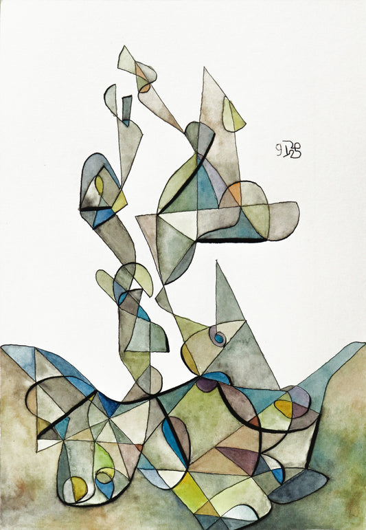 Original Grafik, Mixed Media von Peter Rogge, ohne Titel bzw. "47" – abstrakte Grafik/Mixed Media. Einstrichzeichnung (ohne den Stift abzusetzen) mit schwarzer Linie. Die daraus resultierenden Flächen wurden verschieden eingefärbt, Schwerpunkt in Grün. Das Weiß des Papiers als  Hintergrund. Erhältlich bei Galerie Waldbach - What The Artist Made