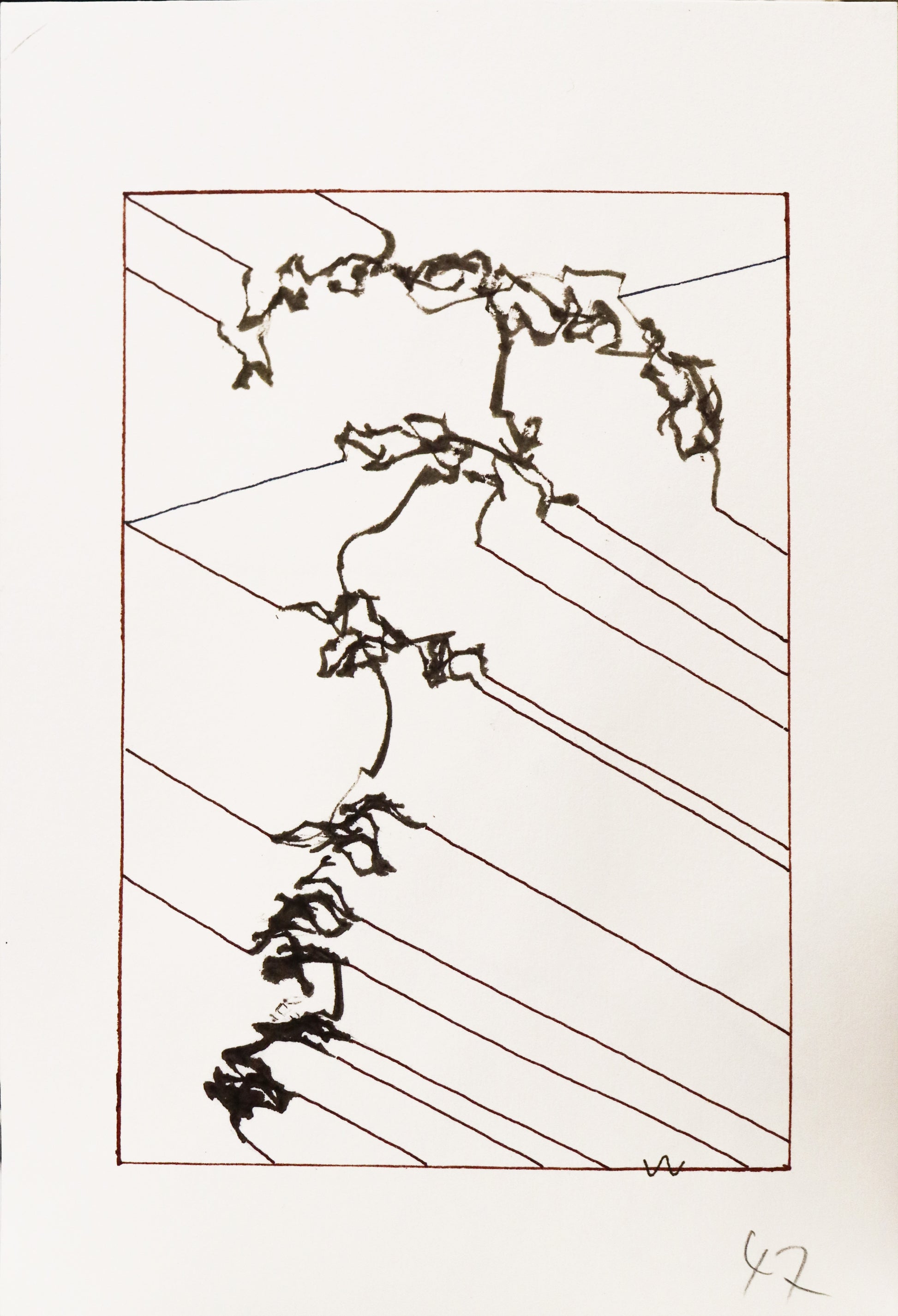 Original Grafik, Mixed Media von Peter Rogge, ohne Titel bzw. "47" – Rückseite des Papiers mit einer weiteren Grafik, verschiedene schräg verlaufende Linien und Spuren in einem roten Rahmen. Erhältlich bei Galerie Waldbach - What The Artist Made