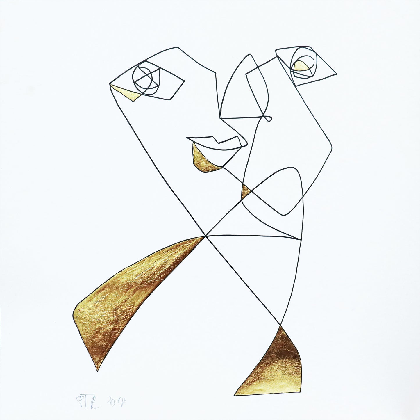 Original Grafik, Mixed Media von Peter Rogge, Titel „Engel mögen dich begleiten“ – schwarze Linien auf weißem Papier - abstrakte Darstellung eines Gesichtes in Einstrichzeichnung (ohne den Stift abzusetzen). Bei den daraus resultierenden Flächen wurde vereinzelt Blattmetall, Blattgold eingearbeitet. Erhältlich bei Galerie Waldbach - What The Artist Made