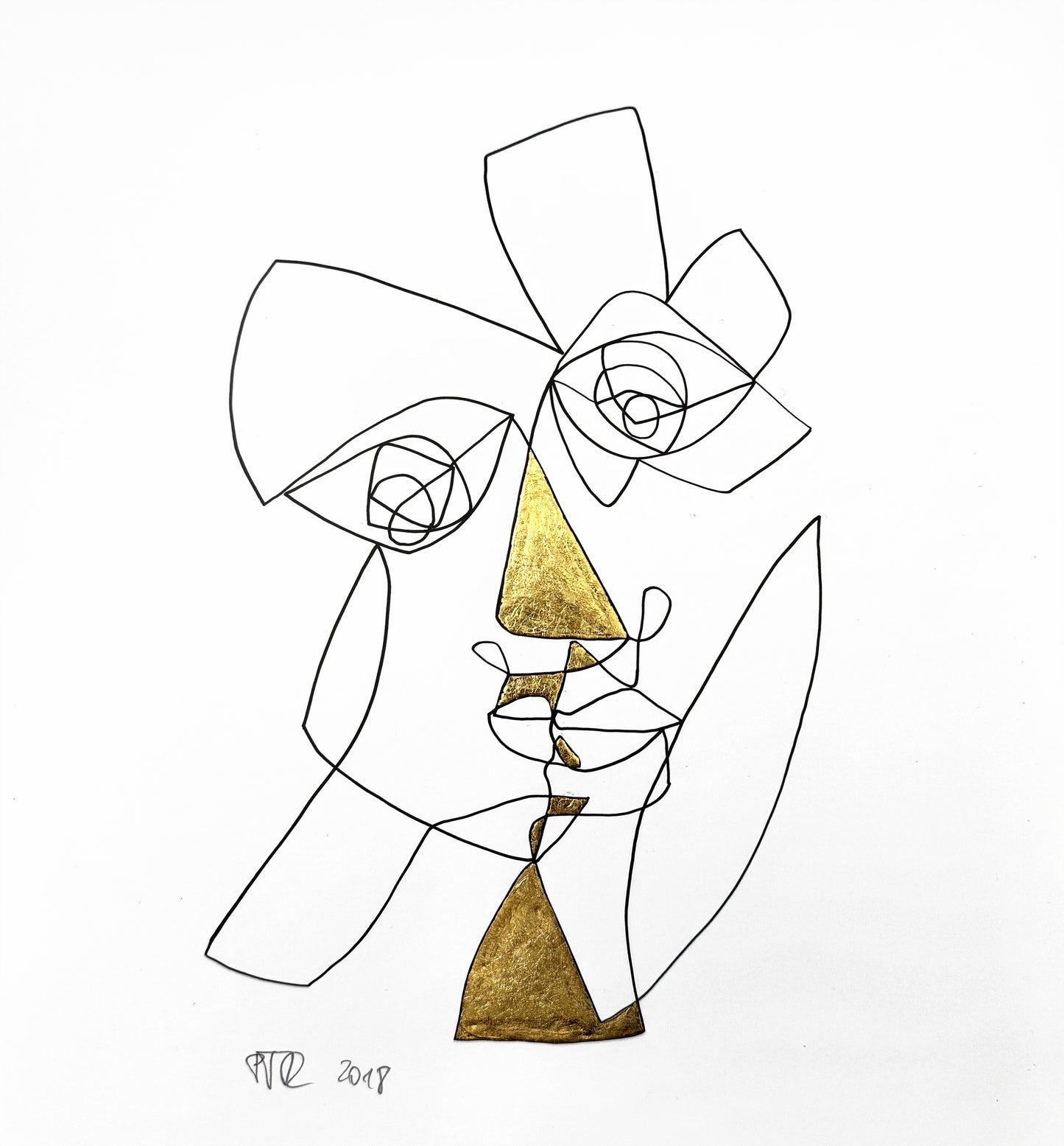 Original Grafik, Mixed Media von Peter Rogge, Titel „Engel mögen dich begleiten“ – schwarze Linien auf weißem Papier - abstrakte Darstellung eines Gesichtes in Einstrichzeichnung (ohne den Stift abzusetzen). Bei den daraus resultierenden Flächen wurde vereinzelt Blattmetall, Blattgold eingearbeitet. Erhältlich bei Galerie Waldbach - What The Artist Made