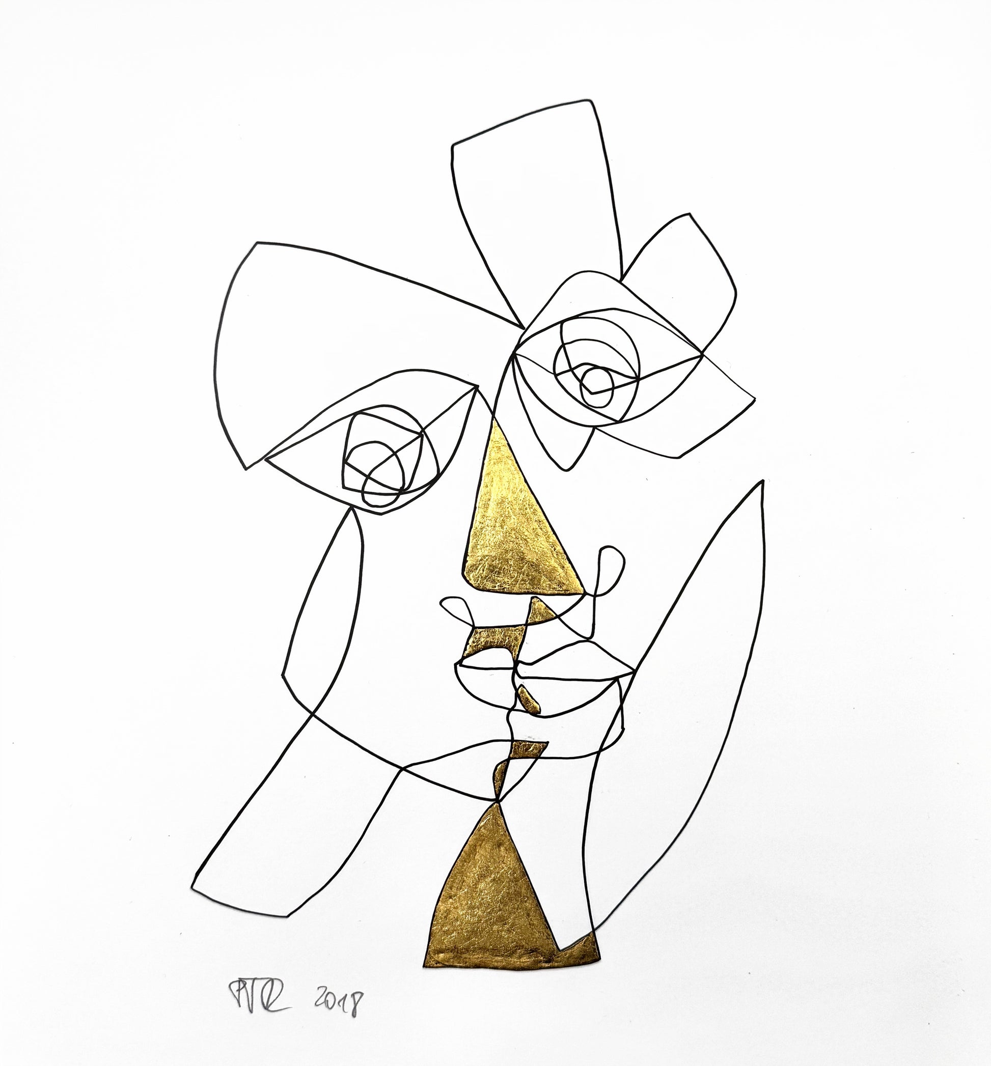 Original Grafik, Mixed Media von Peter Rogge, Titel „Engel mögen dich begleiten“ – schwarze Linien auf weißem Papier - abstrakte Darstellung eines Gesichtes in Einstrichzeichnung (ohne den Stift abzusetzen). Bei den daraus resultierenden Flächen wurde vereinzelt Blattmetall, Blattgold eingearbeitet. Erhältlich bei Galerie Waldbach - What The Artist Made
