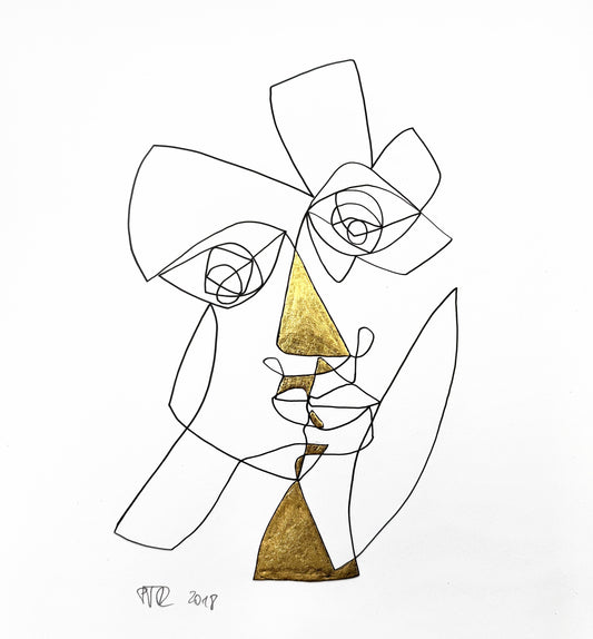 Original Grafik, Mixed Media von Peter Rogge, Titel „Engel mögen dich begleiten“ – schwarze Linien auf weißem Papier - abstrakte Darstellung eines Gesichtes in Einstrichzeichnung (ohne den Stift abzusetzen). Bei den daraus resultierenden Flächen wurde vereinzelt Blattmetall, Blattgold eingearbeitet. Erhältlich bei Galerie Waldbach - What The Artist Made