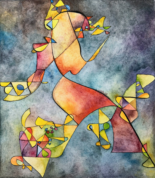 Original Grafik, Mixed Media von Peter Rogge, ohne Titel – abstrakte Grafik/Mixed Media. Einstrichzeichnung (ohne den Stift abzusetzen) mit schwarzer Linie. Die daraus resultierenden Flächen wurden verschieden eingefärbt. Blau grau violette Fläche im Hintergrund. Erhältlich bei Galerie Waldbach - What The Artist Made