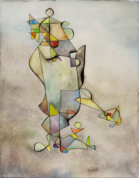 Original Grafik, Mixed Media von Peter Rogge, ohne Titel – abstrakte Grafik/Mixed Media. Einstrichzeichnung (ohne den Stift abzusetzen) mit schwarzer Linie. Die daraus resultierenden Flächen wurden verschieden eingefärbt. Gräulich-grün-blaue Färbung des Hintergrundes. Erhältlich bei Galerie Waldbach - What The Artist Made