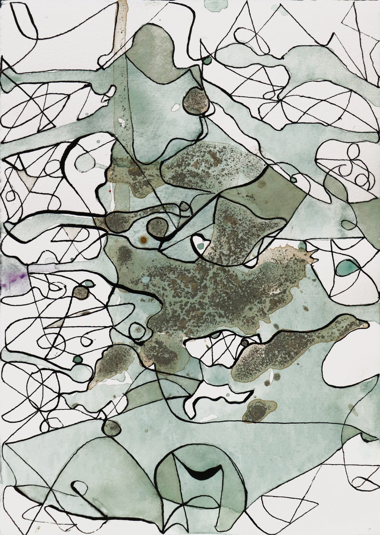 Original Grafik, Mixed Media von Peter Rogge, ohne Titel – abstrakte Grafik/Mixed Media. Einstrichzeichnung (ohne den Stift abzusetzen) mit schwarzer Linie. Die daraus resultierenden Flächen wurden verschieden eingefärbt. Gräulich-grüne Färbung und Strukturierung der Flächen. Erhältlich bei Galerie Waldbach - What The Artist Made