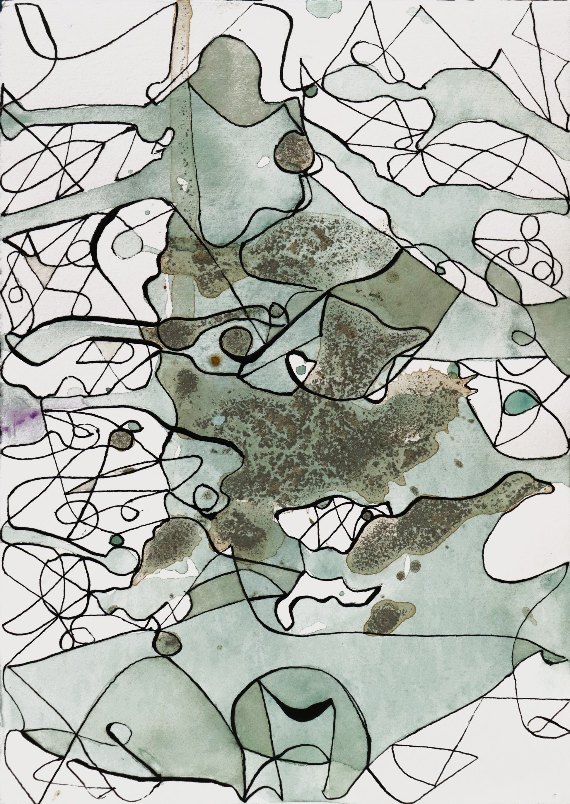 Original Grafik, Mixed Media von Peter Rogge, ohne Titel – abstrakte Grafik/Mixed Media. Einstrichzeichnung (ohne den Stift abzusetzen) mit schwarzer Linie. Die daraus resultierenden Flächen wurden verschieden eingefärbt. Gräulich-grüne Färbung und Strukturierung der Flächen. Erhältlich bei Galerie Waldbach - What The Artist Made