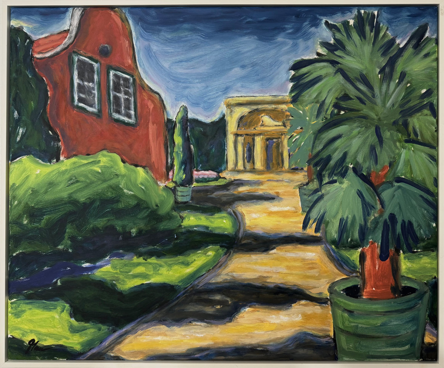 Original Öl-Malerei, Gemälde von Ute Manoloudakis, Titel „Ägypten in Potsdam“ – Park-Landschaft, barocke historische Architektur, impressionistischer Blick zum Holländischen Etablissement und Tempel, Palme im Vordergrund des Gartens, Potsdam, Öl auf Leinwand, erhältlich bei What The Artist Made